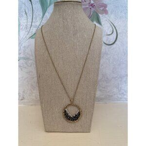 Gold-Tone Long Necklace With Black & White Beaded Circle Pendant